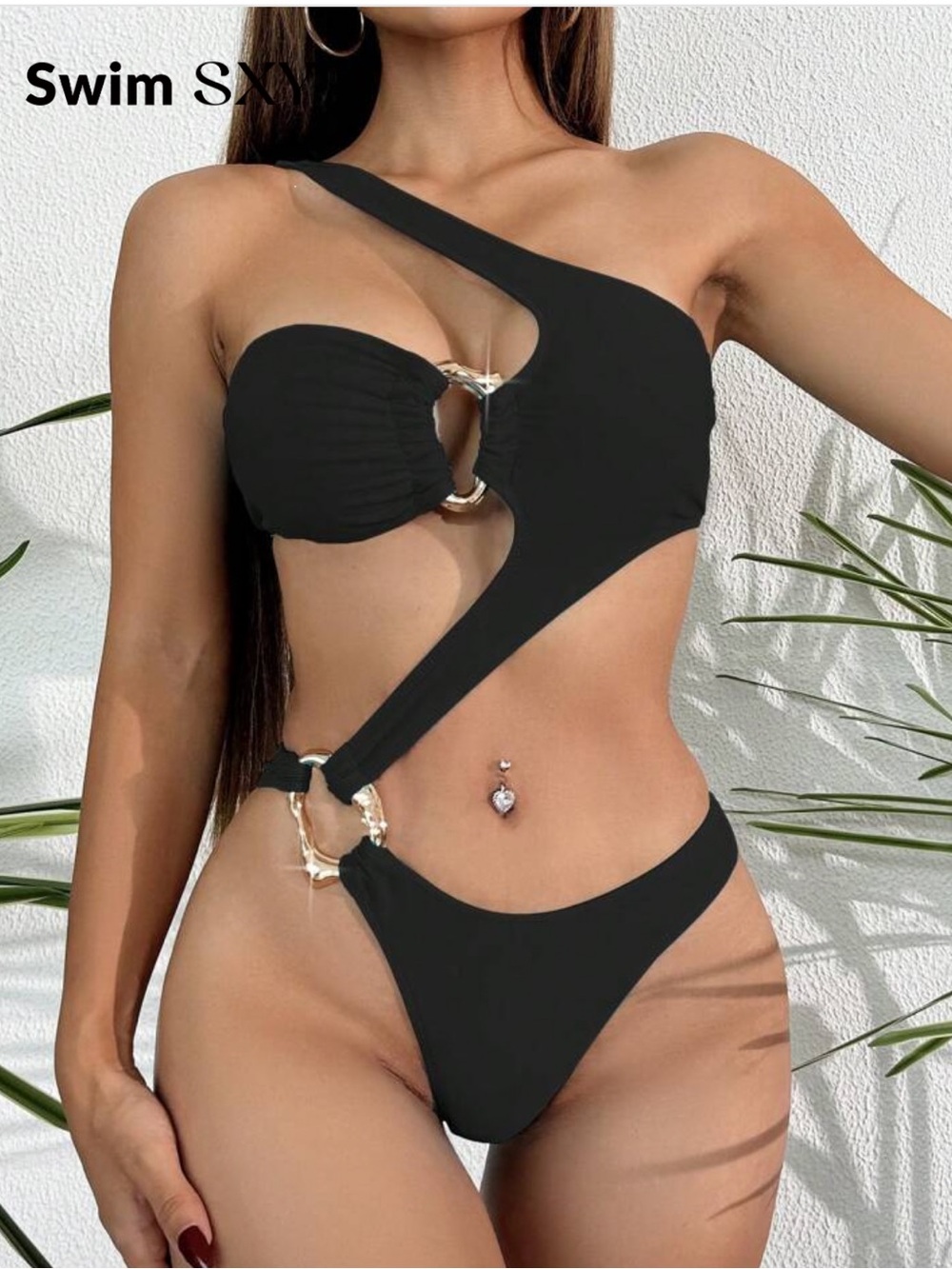 SHEIN Black One-Shoulder Cutout Monokini with Gold Rings